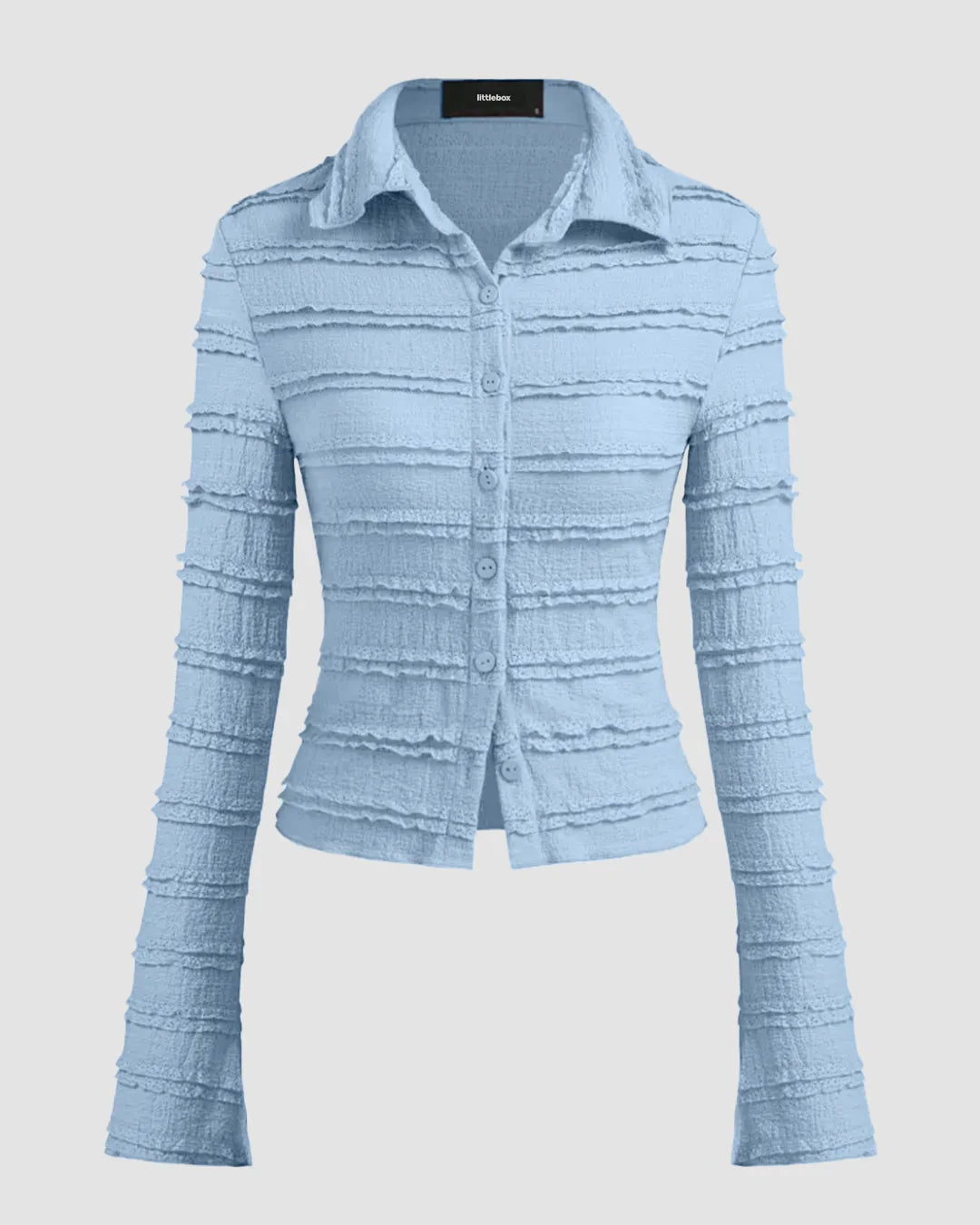 Textured Long Sleeve Button Up Top in Dusty Blue