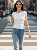 Stretchable Gathered Detailed Boat Neck Top - Pinkkup