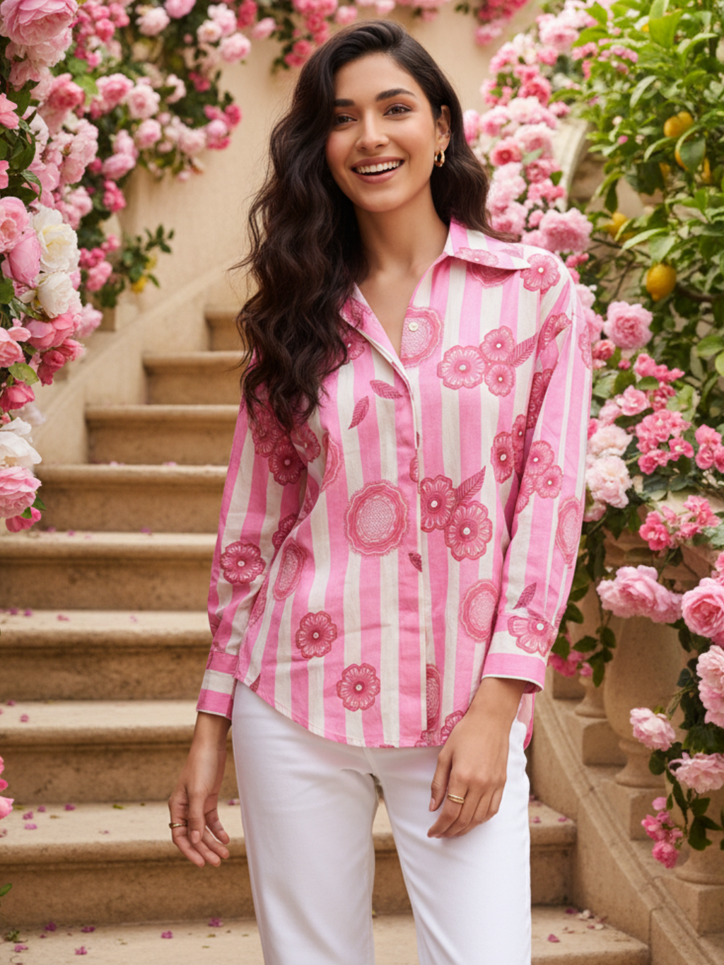 Printed Asymmetrical Cotton Shirt - Pinkkup