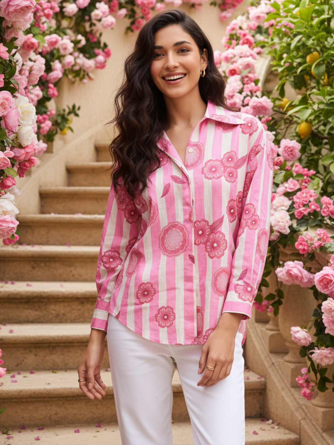 Printed Asymmetrical Cotton Shirt - Pinkkup