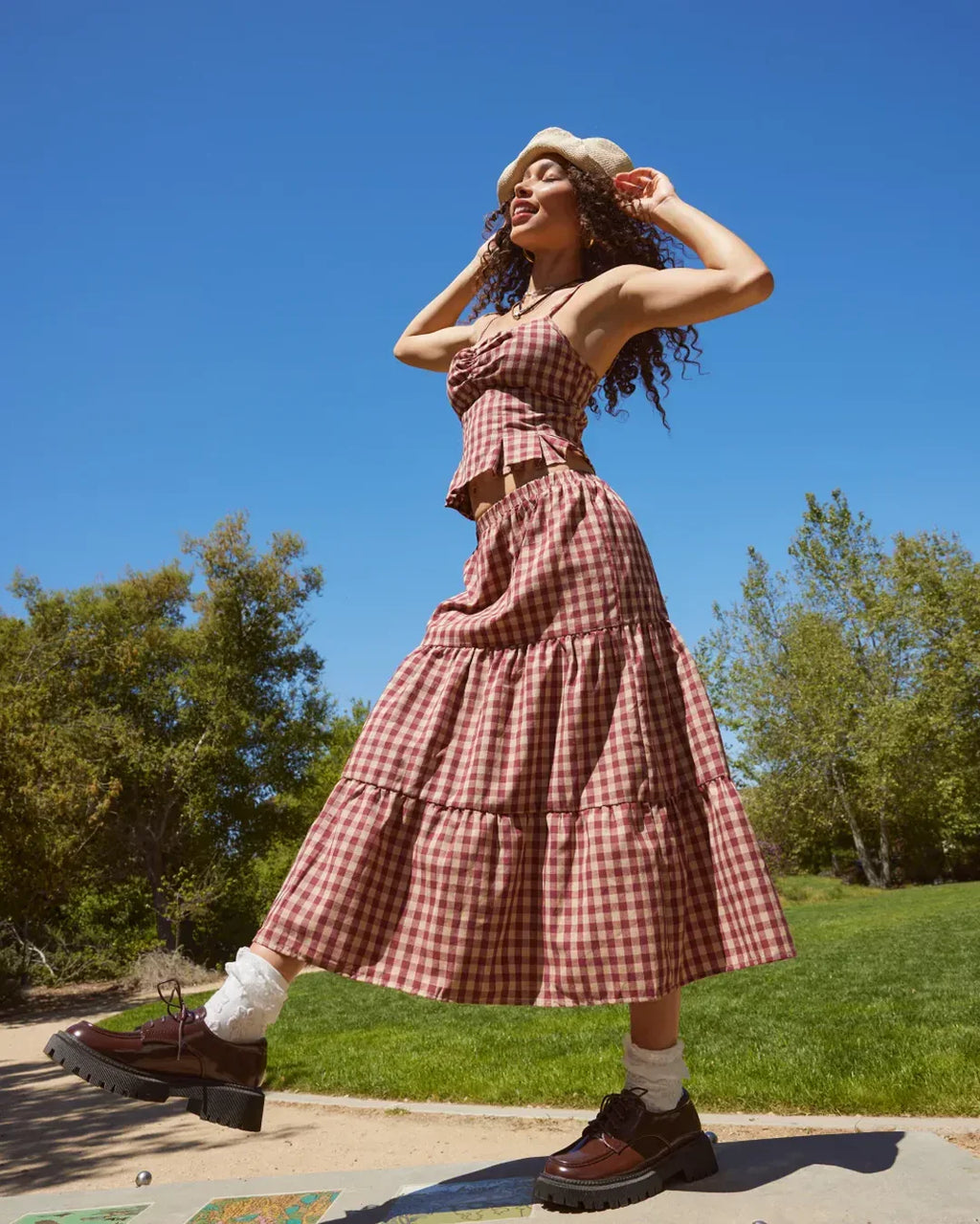 Tiered Gingham Maxi Skirt With Elastic Waist
