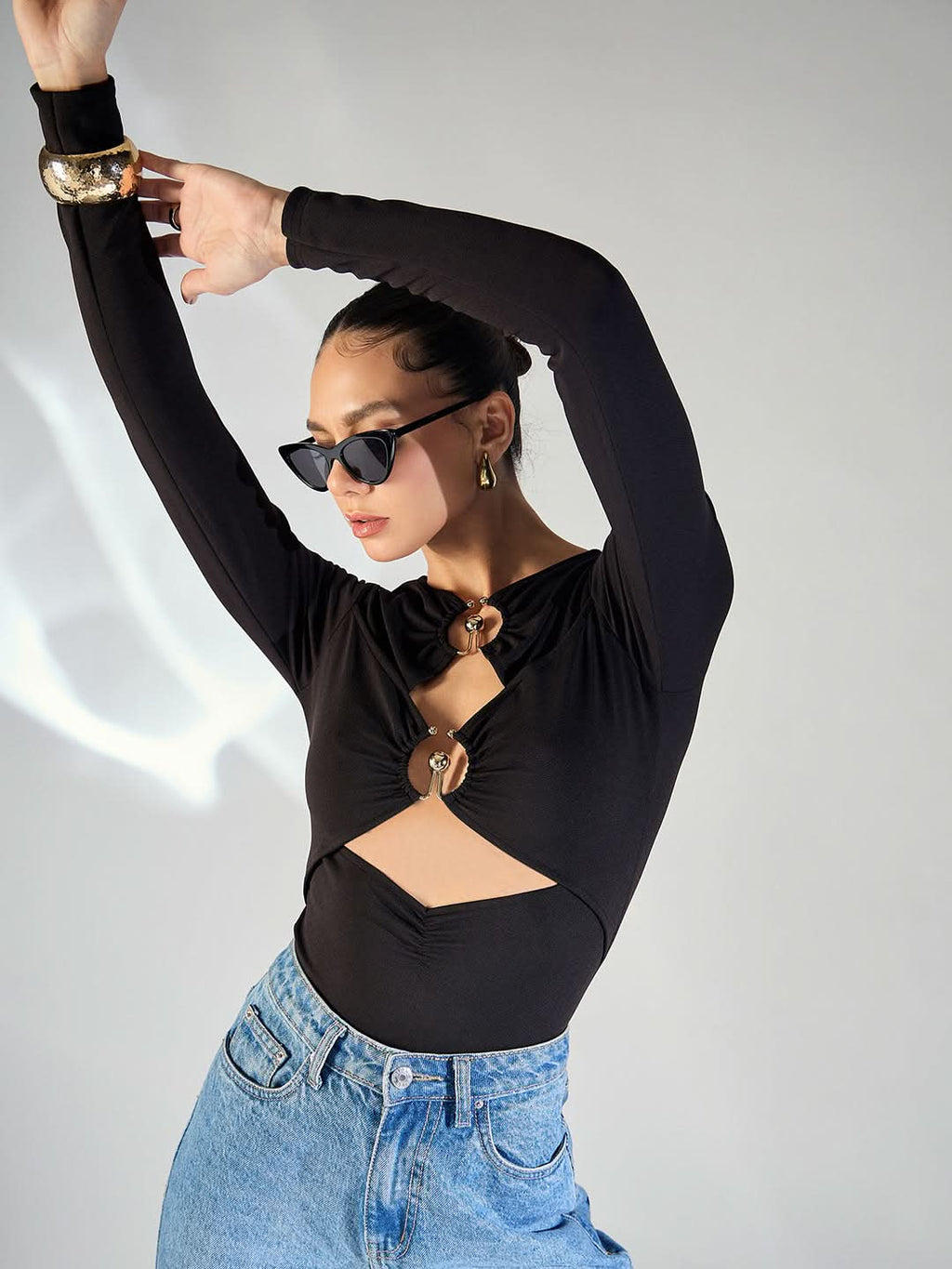Stretchable Black and Golden Toned Cut-Out Top