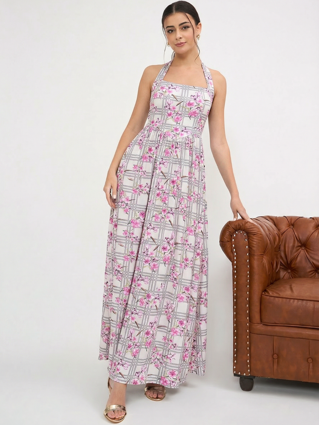 Stretchable Halter Neck Maxi Dress - Pinkkup