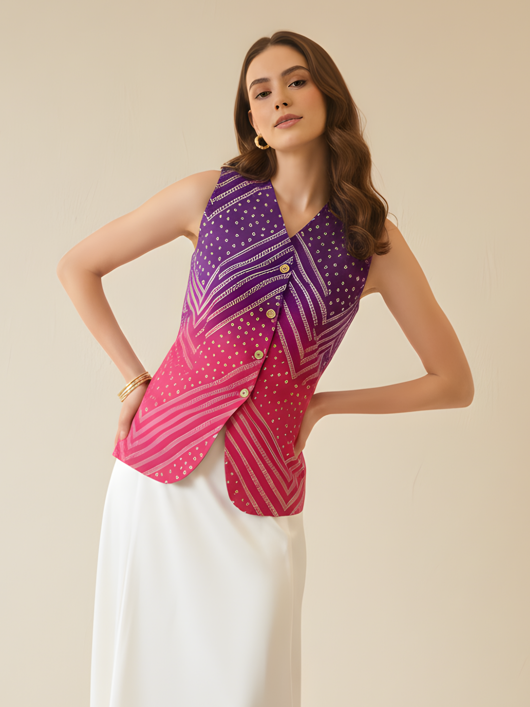 Pure Linen Printed Waistcoat - Pinkkup