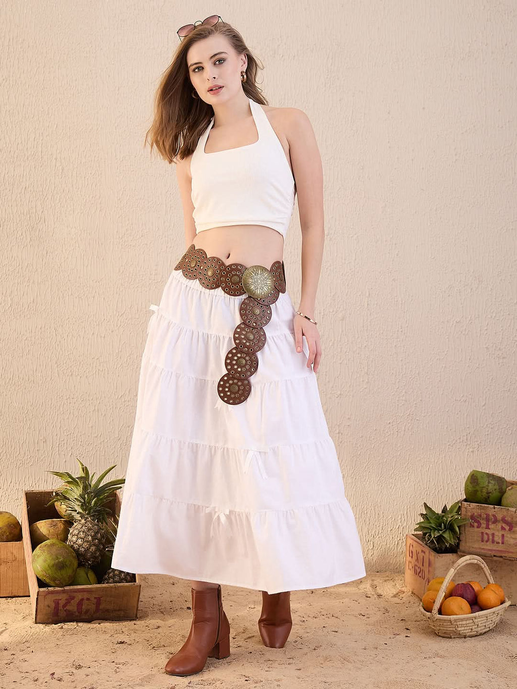 Cotton Tiered Bow Midi Skirt