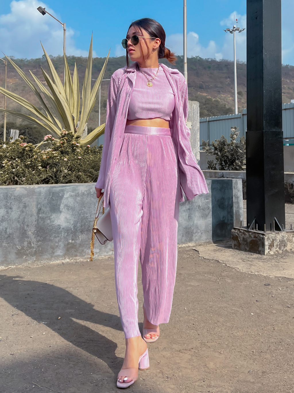 On the Go Two Piece Pleated Shirt & Pants Co-ord set - Pinkkup