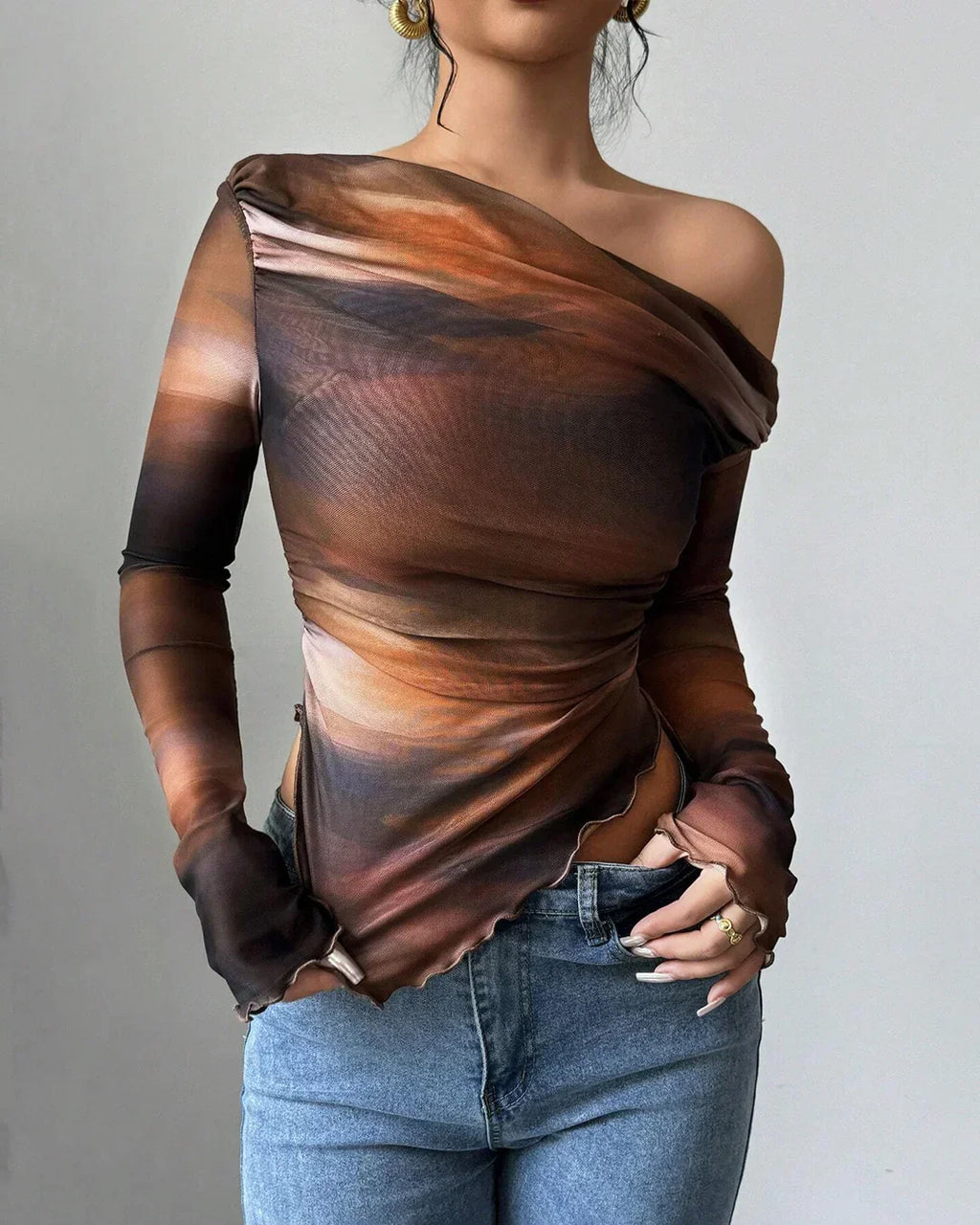 Abstract Print Asymmetric Neck Long Sleeve Fitted Top