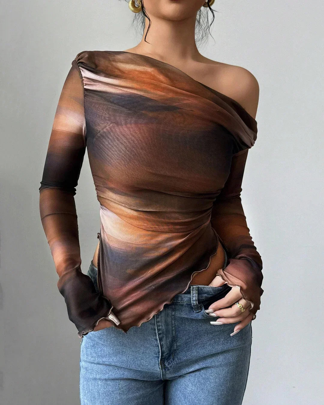 Abstract Print Asymmetric Neck Long Sleeve Fitted Top