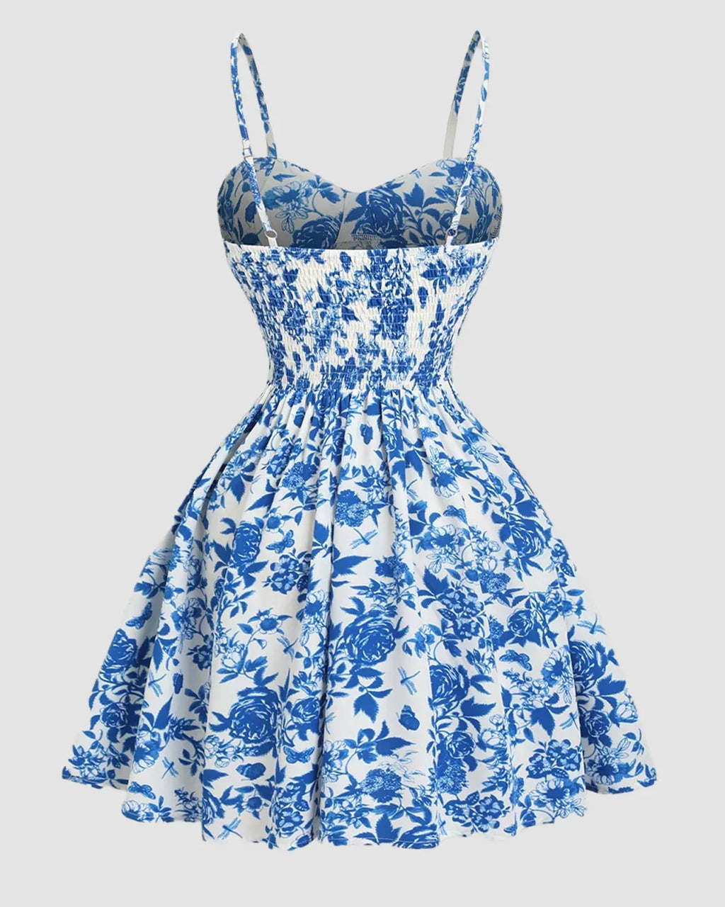 Blue Floral Spaghetti Strap Fit and Flare Mini Dress