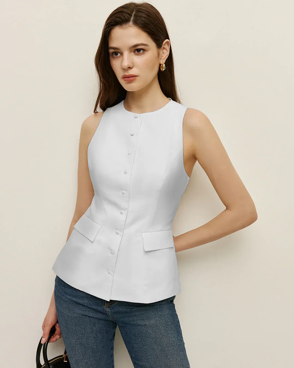 Sleeveless Button Down Structured Peplum Top in White