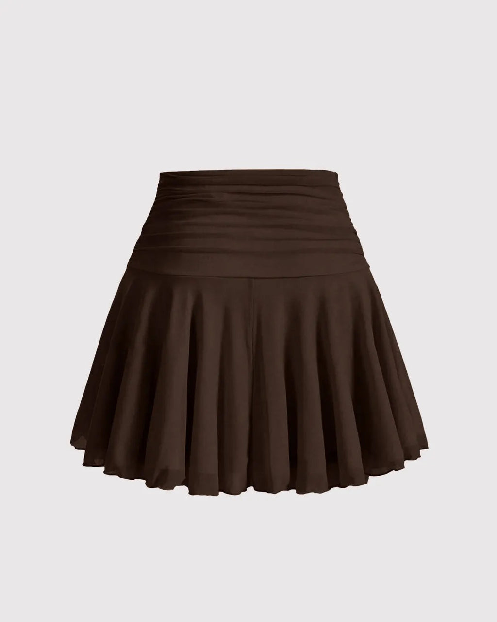 Solid High Waisted Ruched Ruffle Mesh Short Skirt In Chocolate Brown