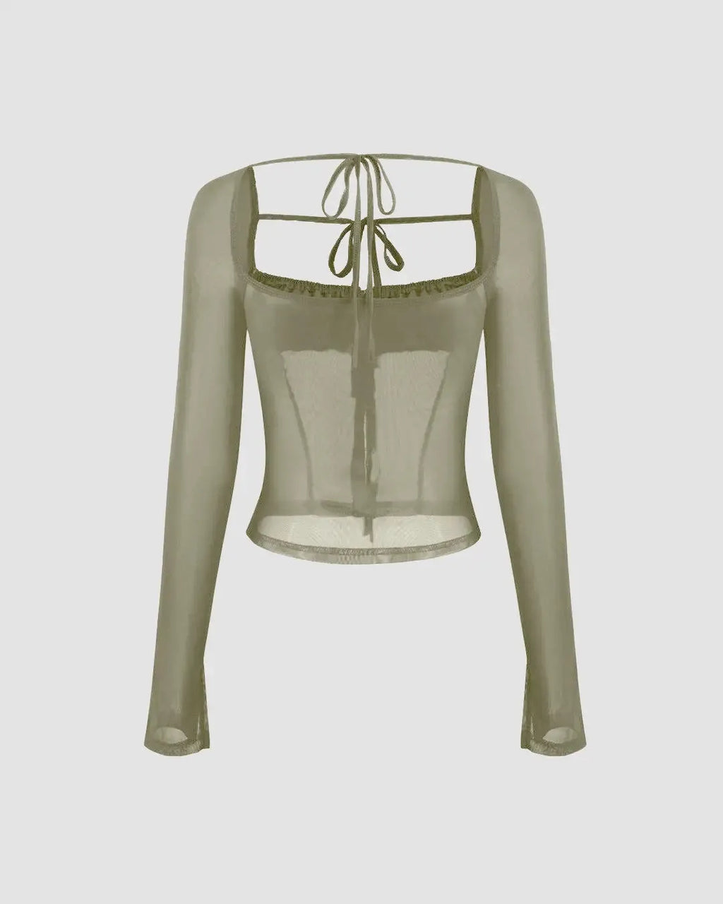 Square Neck Solid See-through Knotted Long Sleeve Top In Herbal Green
