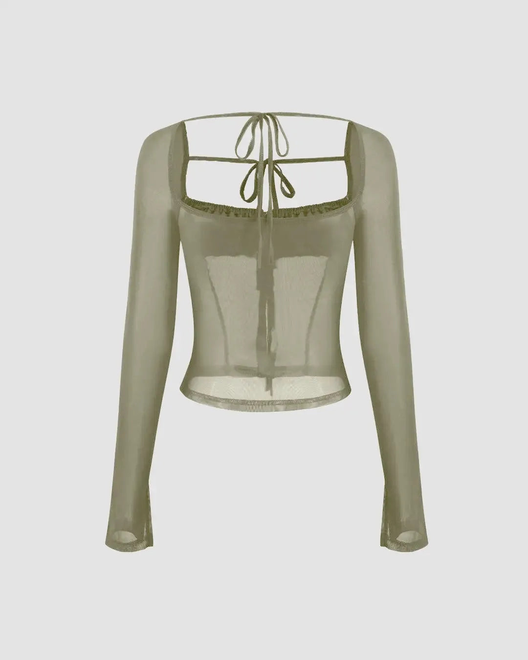 Square Neck Solid See-through Knotted Long Sleeve Top In Herbal Green
