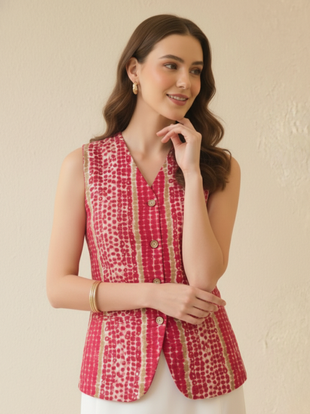 Pure Linen Printed Waistcoat - Pinkkup