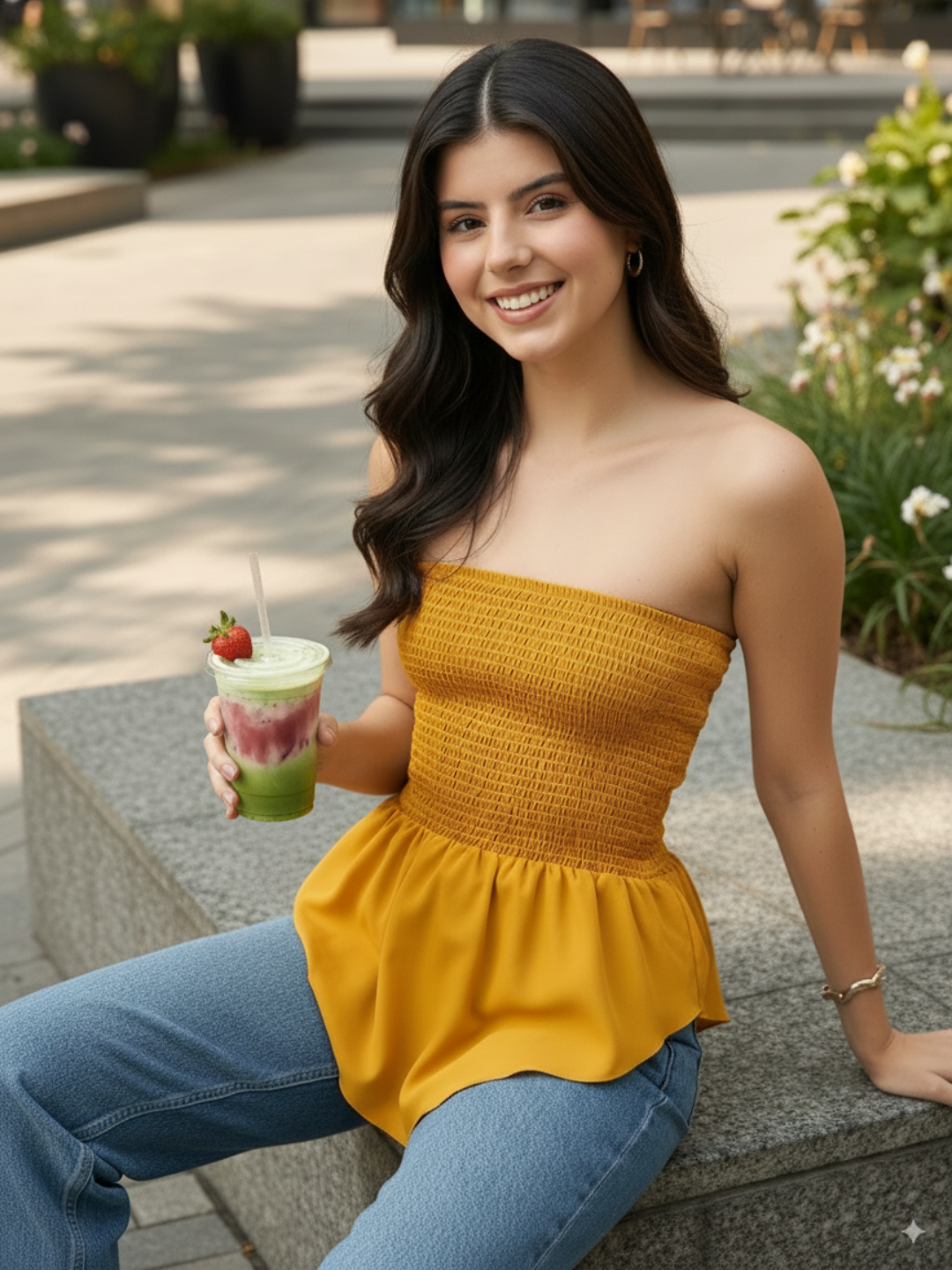 Smocked Bandeau Asymmetrical Top - Pinkkup