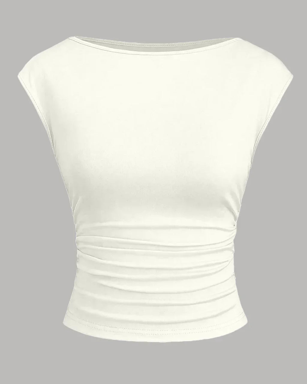Boat Neck Ruched Stretch Top in White