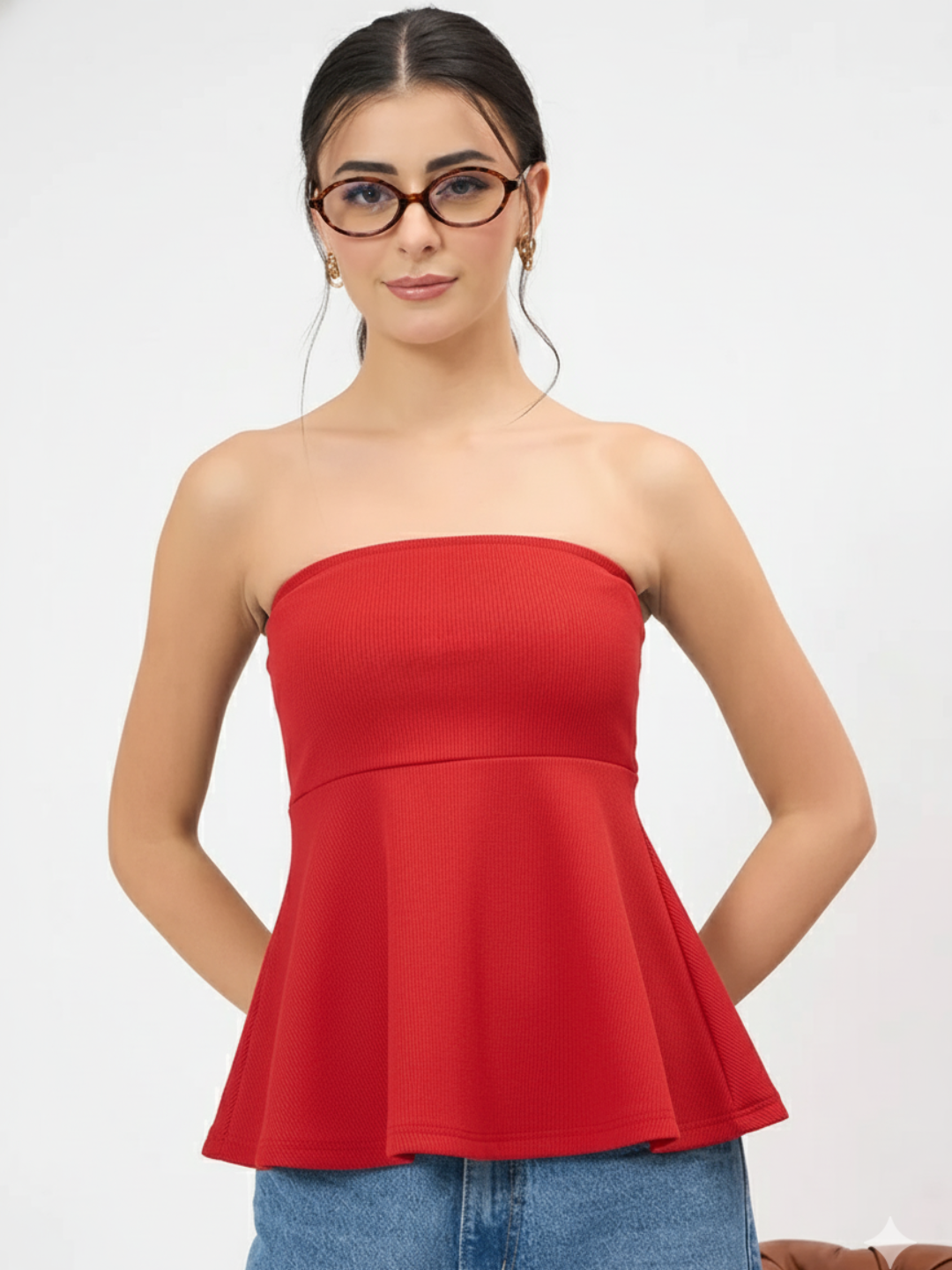 Ribbed Bandeau Peplum Top - Pinkkup