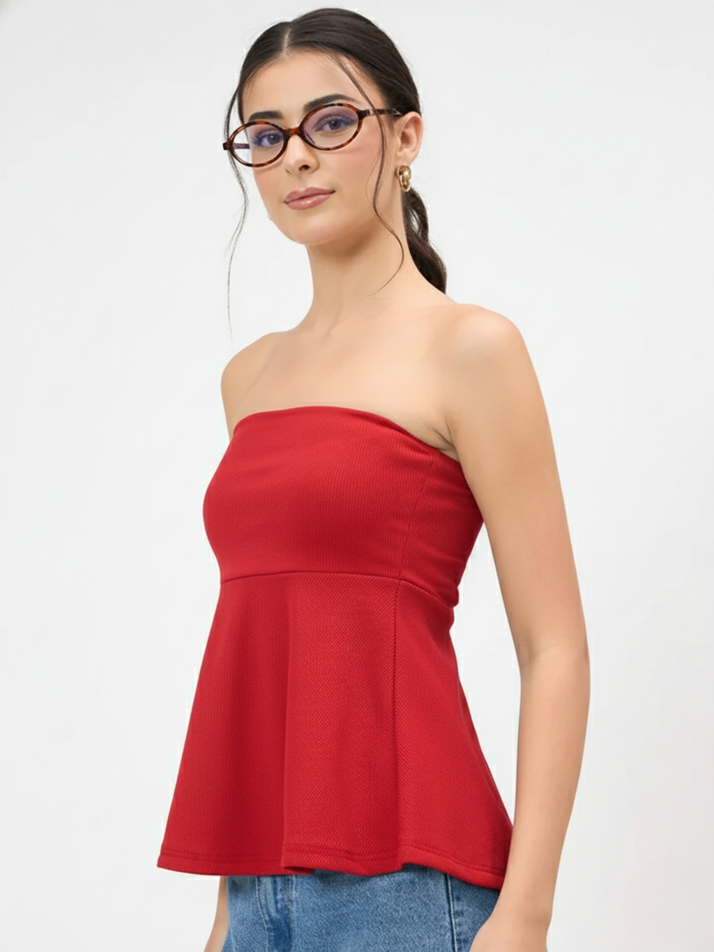 Ribbed Bandeau Peplum Top