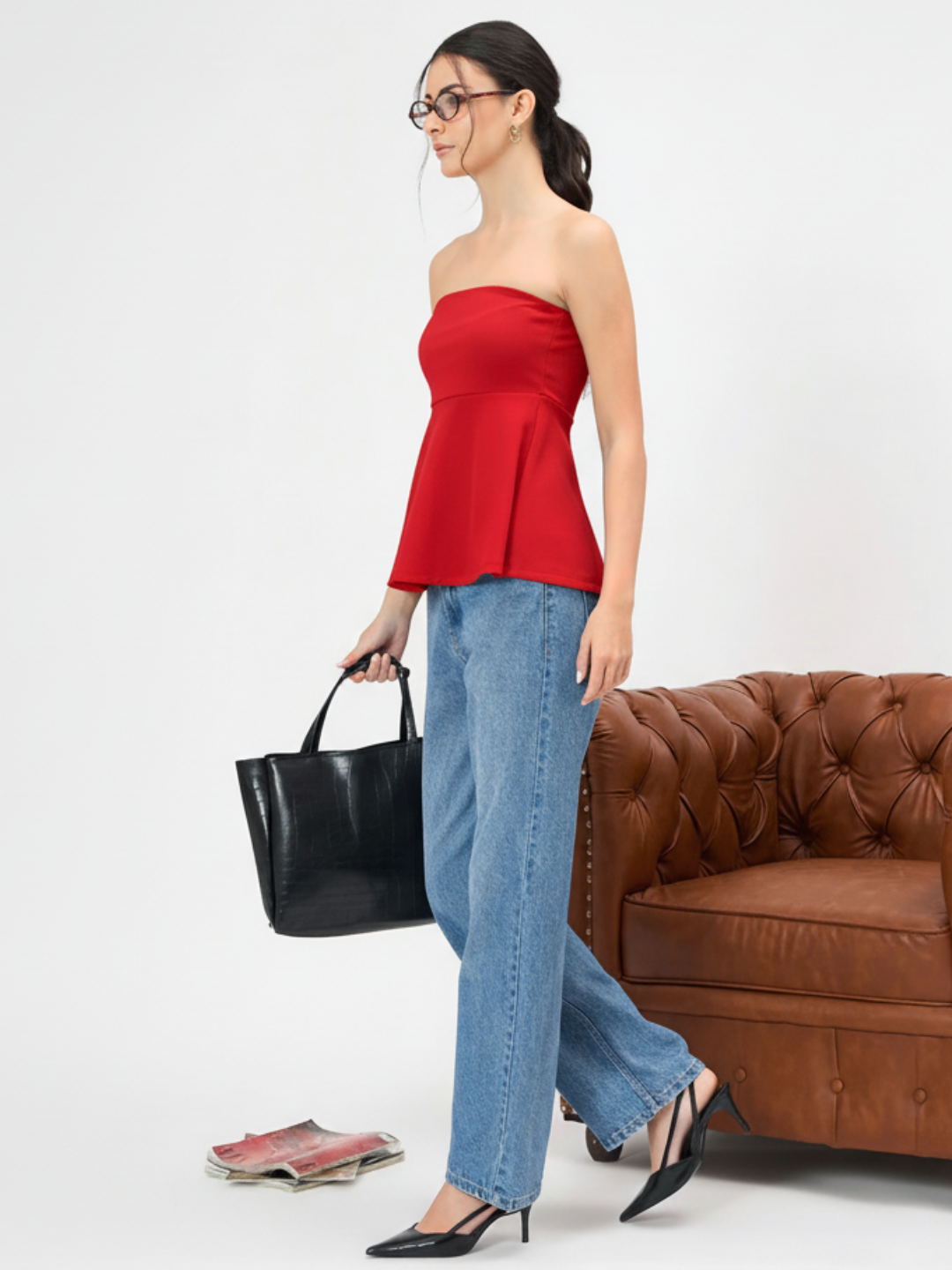 Ribbed Bandeau Peplum Top