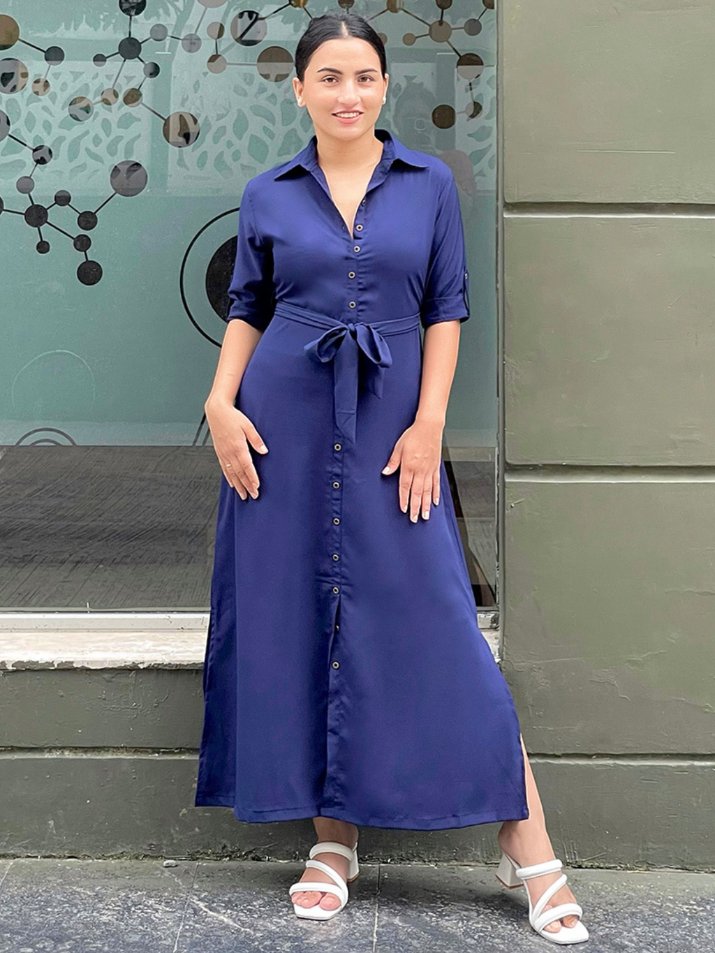 Collar Buttoned Down Shirt Maxi Dress - Pinkkup