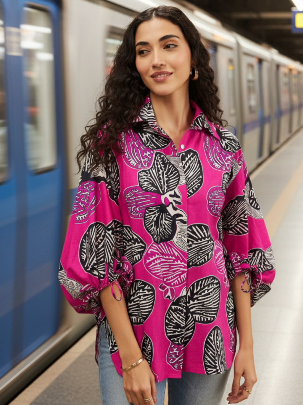 Printed Cotton Shirt with Tie Up Sleeves - Pinkkup