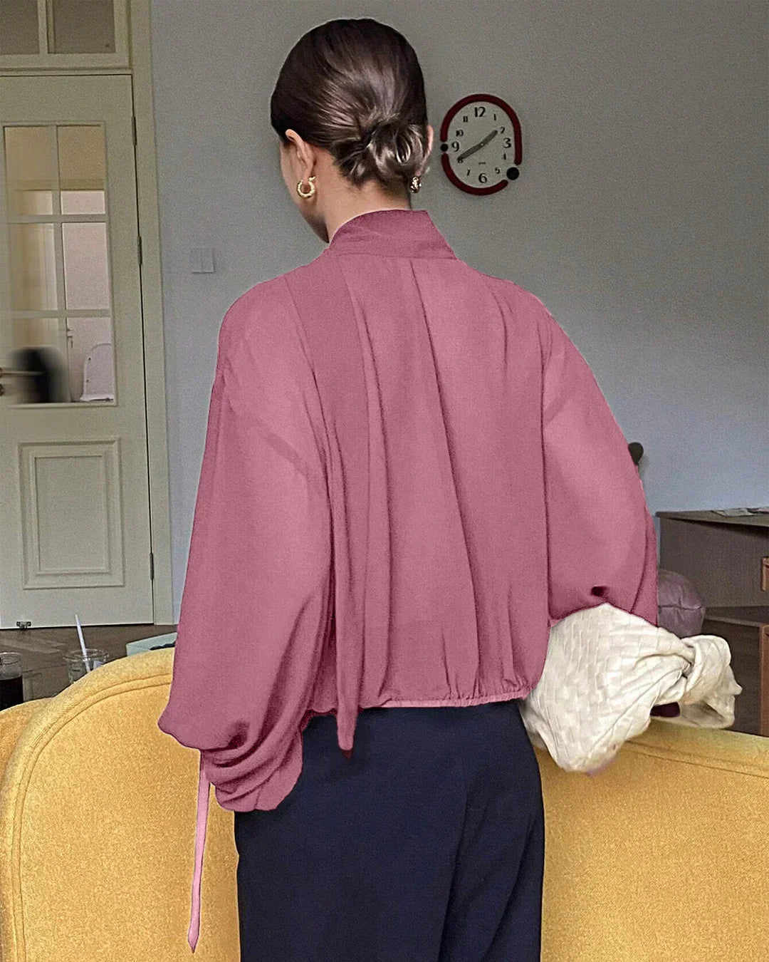 Sheer Tie-Neck Long Sleeve Top in Pink