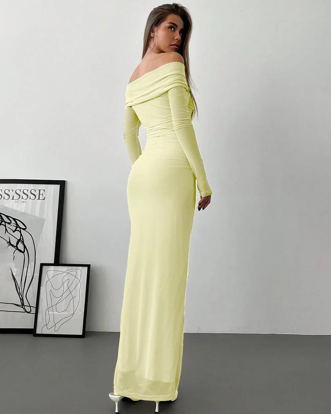 Off Shoulder Mesh Ruched Fitted Dress With Long Sleeve in French Vanilla