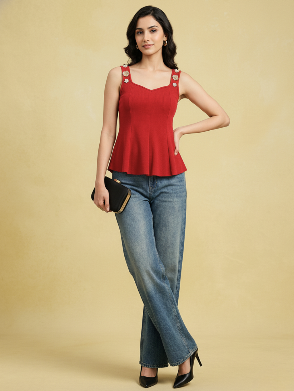 Stretchable Ribbed Embellished Peplum Top - Pinkkup