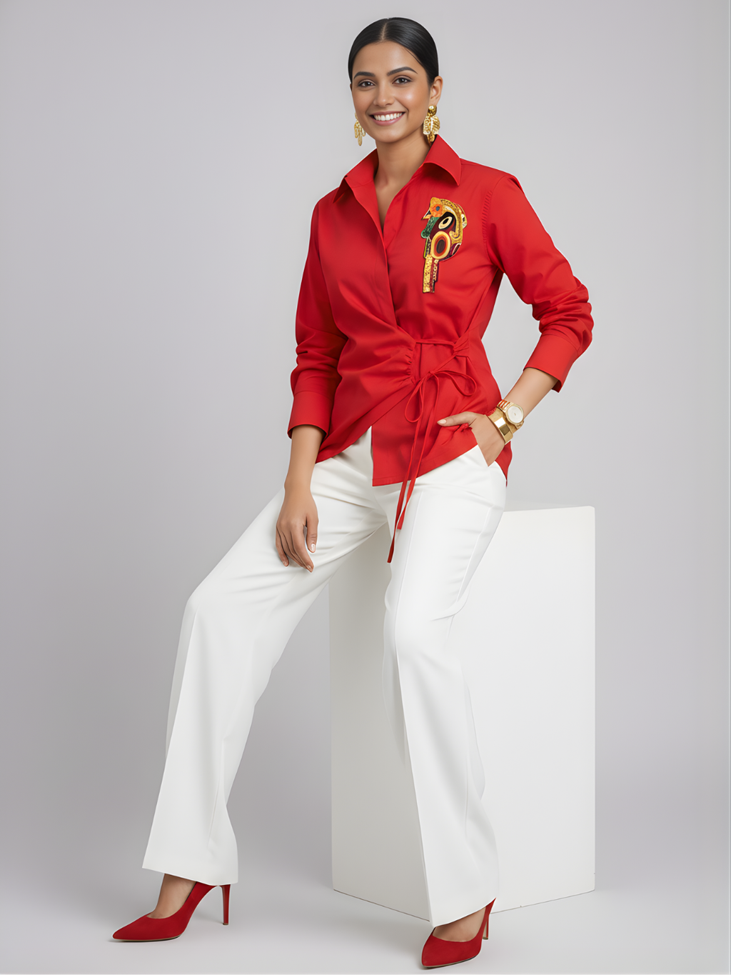 Pure Cotton Tie-Up Sequinned Shirt