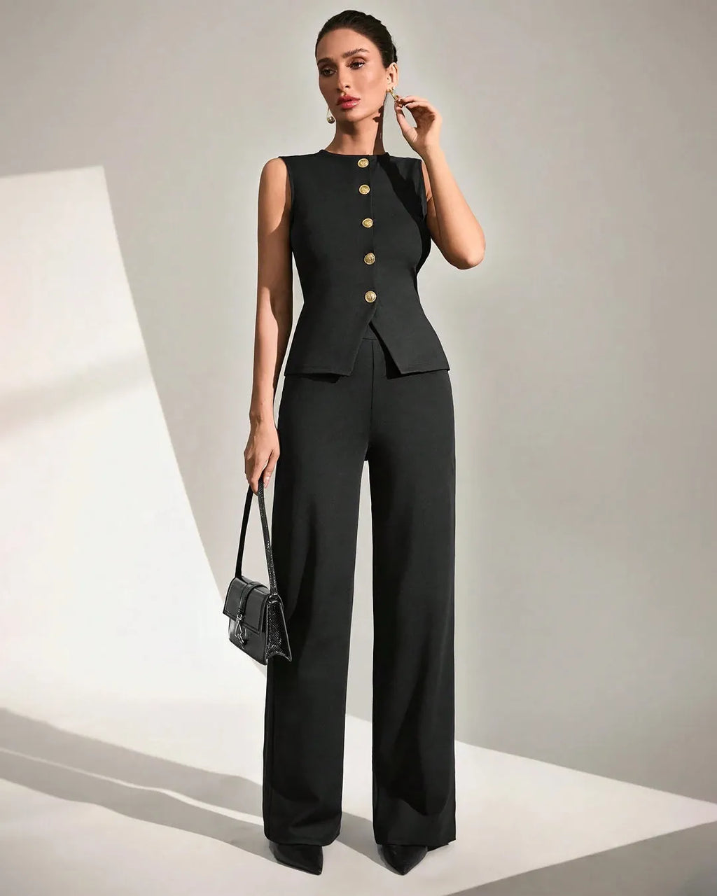 Sleeveless Button-Front Peplum Top & Wide-Leg Pants Co-Ord Set in Black