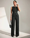 Sleeveless Button-Front Peplum Top & Wide-Leg Pants Co-Ord Set in Black