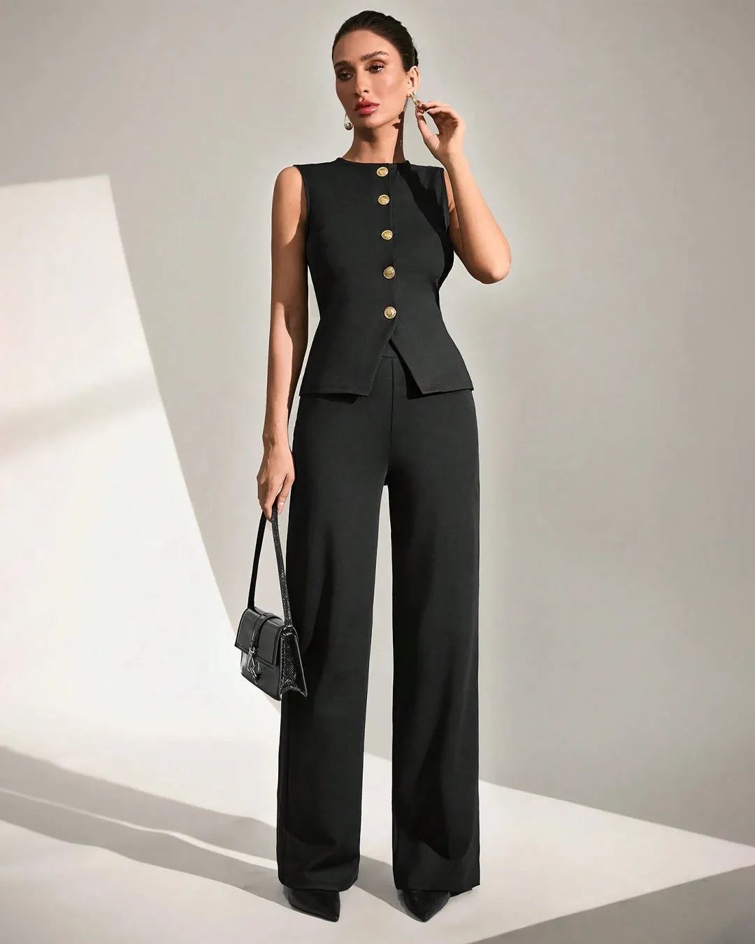 Sleeveless Button-Front Peplum Top & Wide-Leg Pants Co-Ord Set in Black