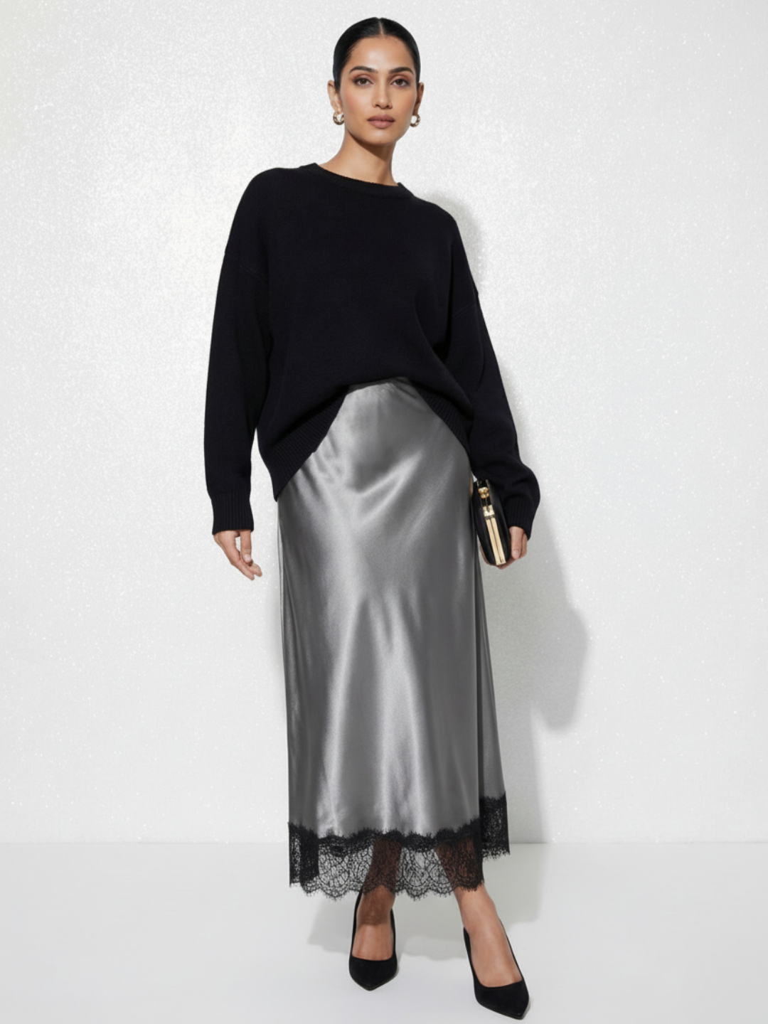Lace Satin Midi Skirt - Pinkkup