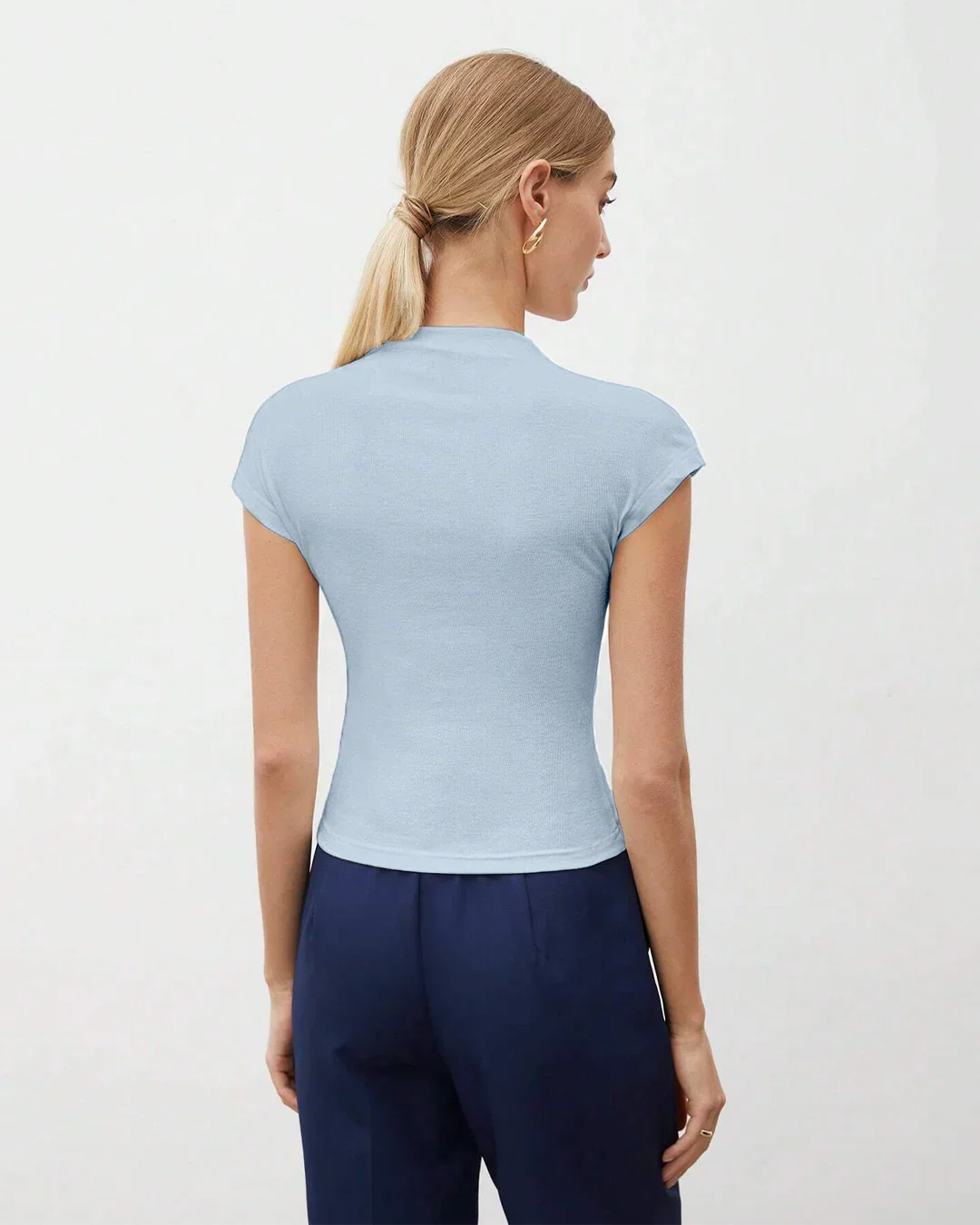 Mock Neck Cap Sleeve Fitted Top in Ice Blue