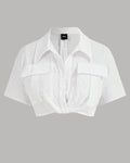 Collared Front Twist Crop Shirt Top in White