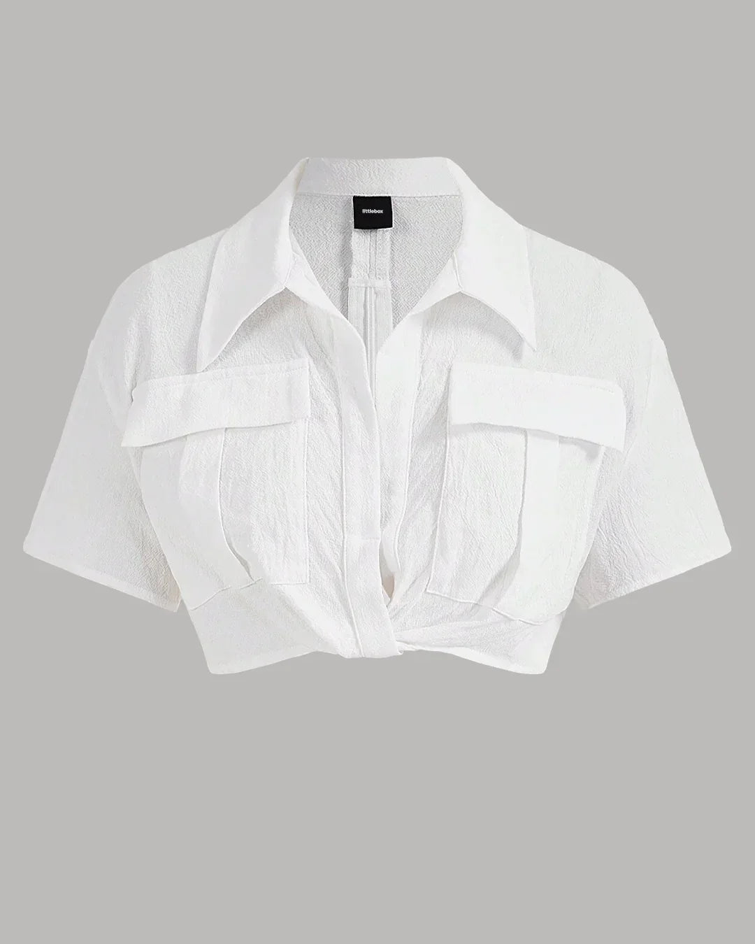 Collared Front Twist Crop Shirt Top in White