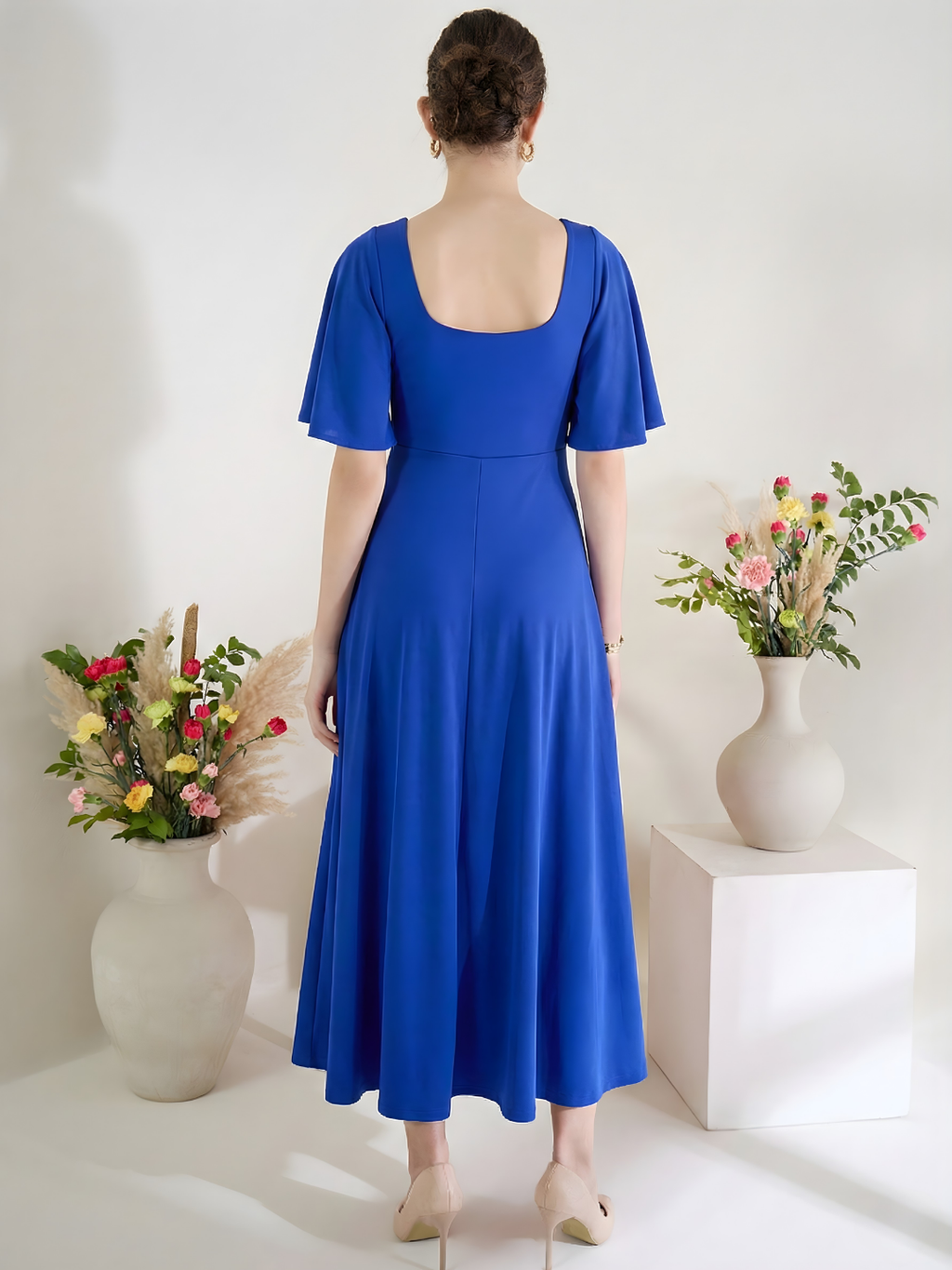 Stretchable Ruffled Sleeve Fit & Flare Dress