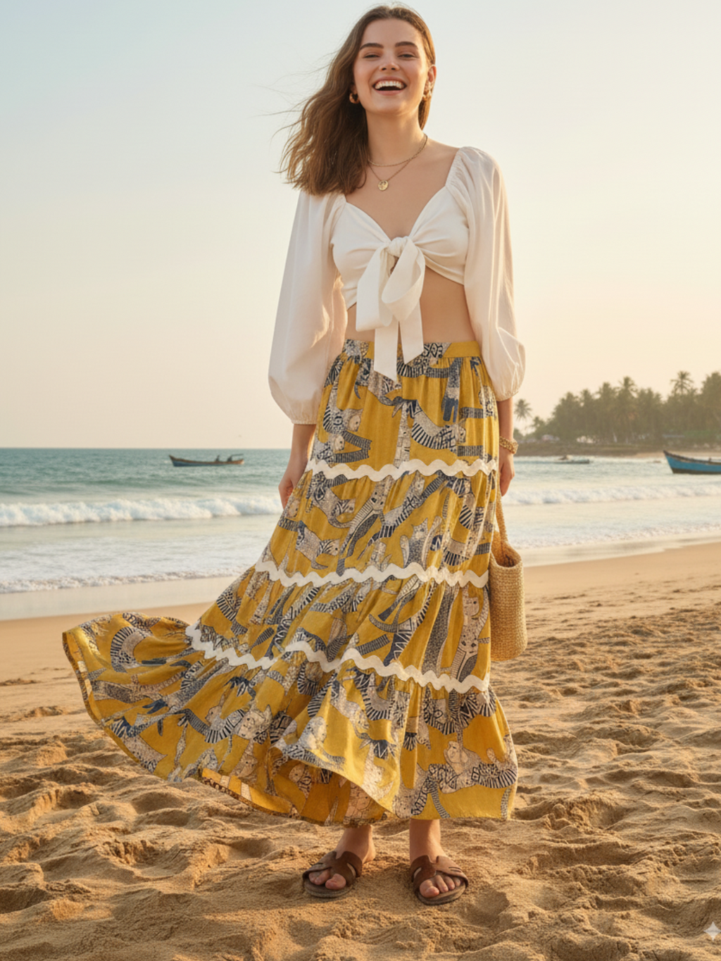 Ric-Rac Cotton Tiered Maxi Skirt - Pinkkup