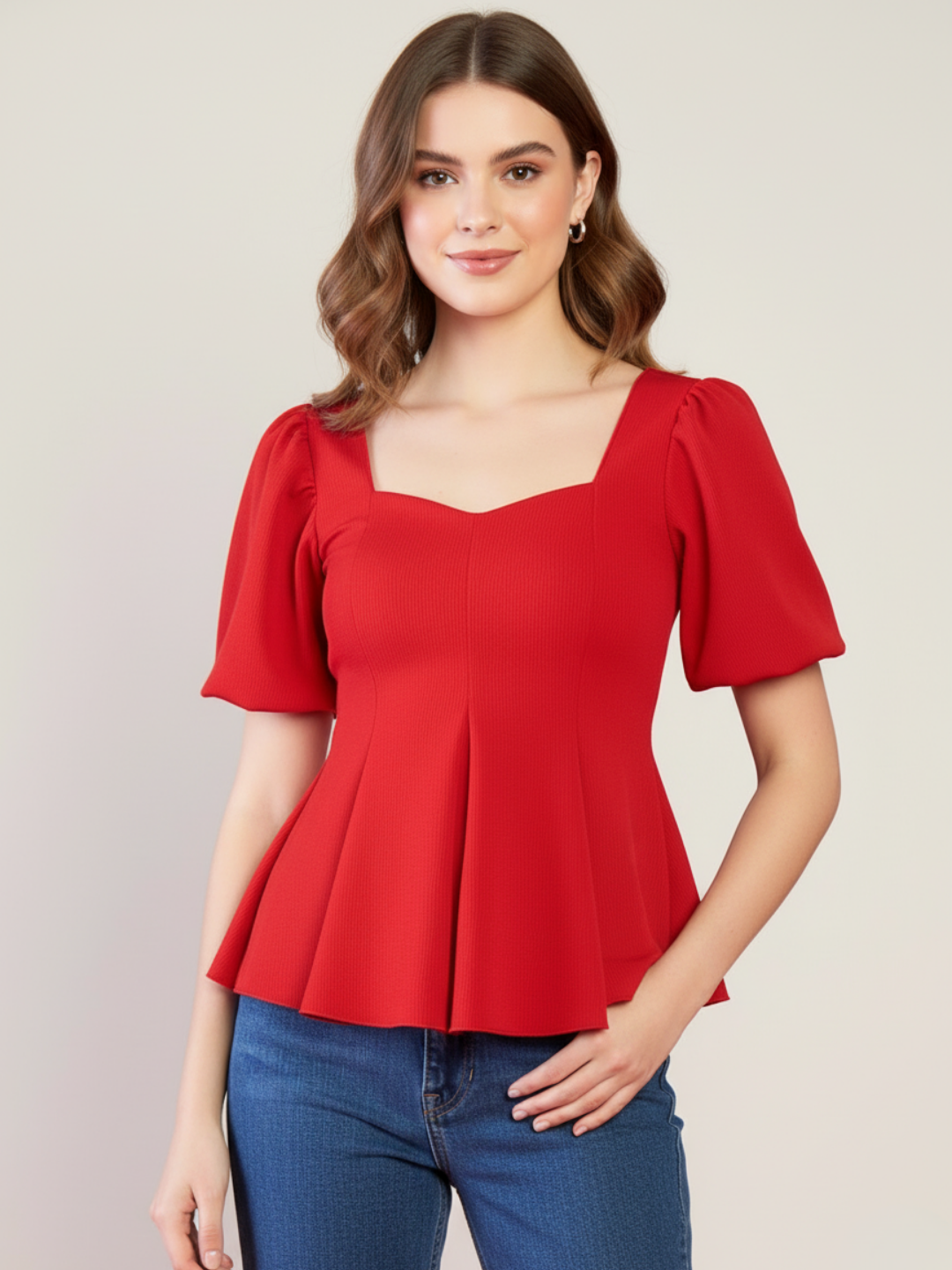 Stretchable Puff Sleeves Peplum Top - Pinkkup