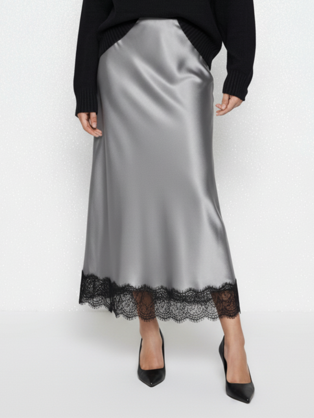 Lace Satin Midi Skirt