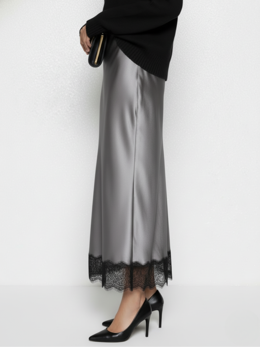 Lace Satin Midi Skirt