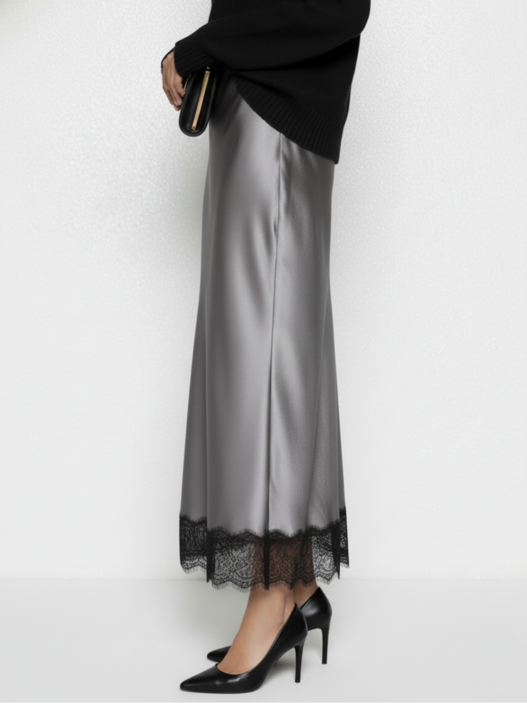 Lace Satin Midi Skirt