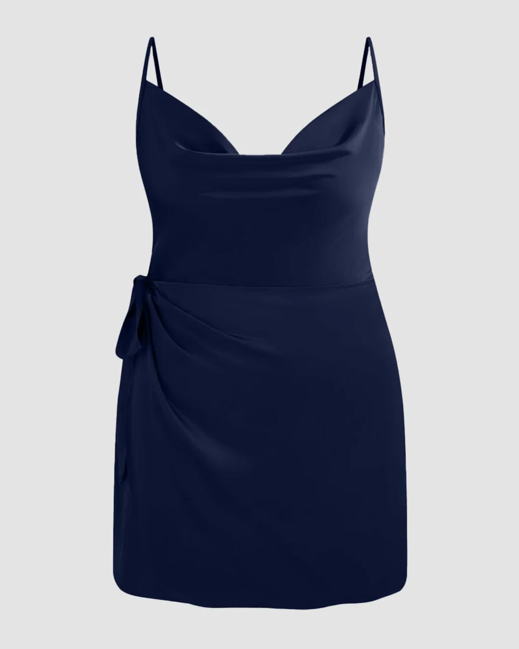 Satin Cowl Neck Solid Knotted Zipper Mini Dress Curve & Plus in Navy Blue