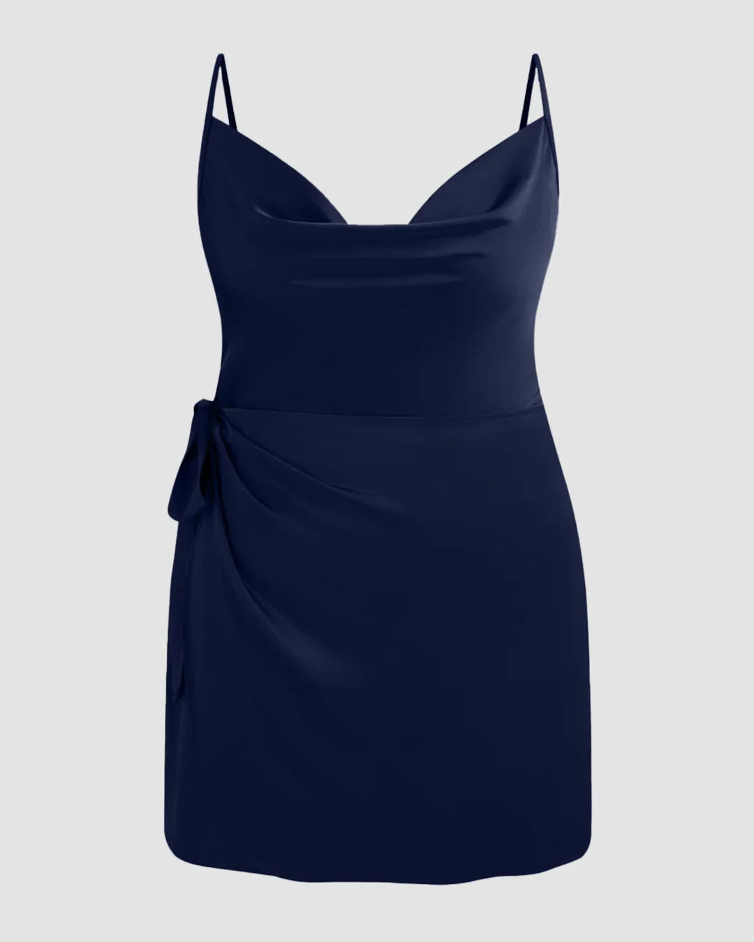 Satin Cowl Neck Solid Knotted Zipper Mini Dress Curve & Plus in Navy Blue