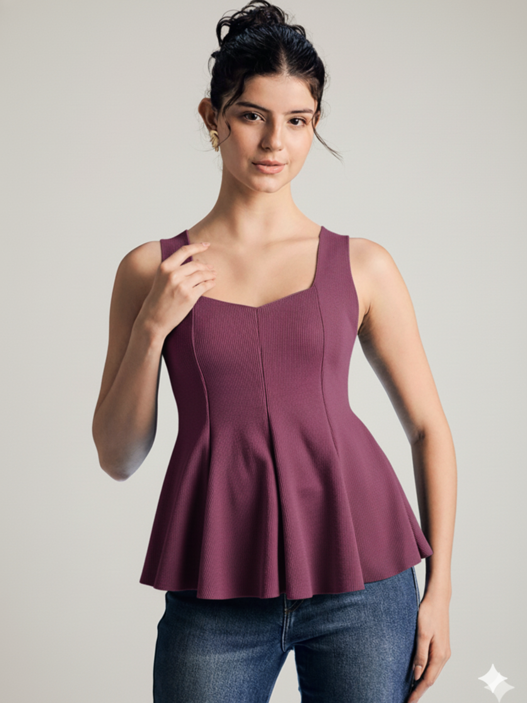 Stretchable Ribbed Peplum Top - Pinkkup