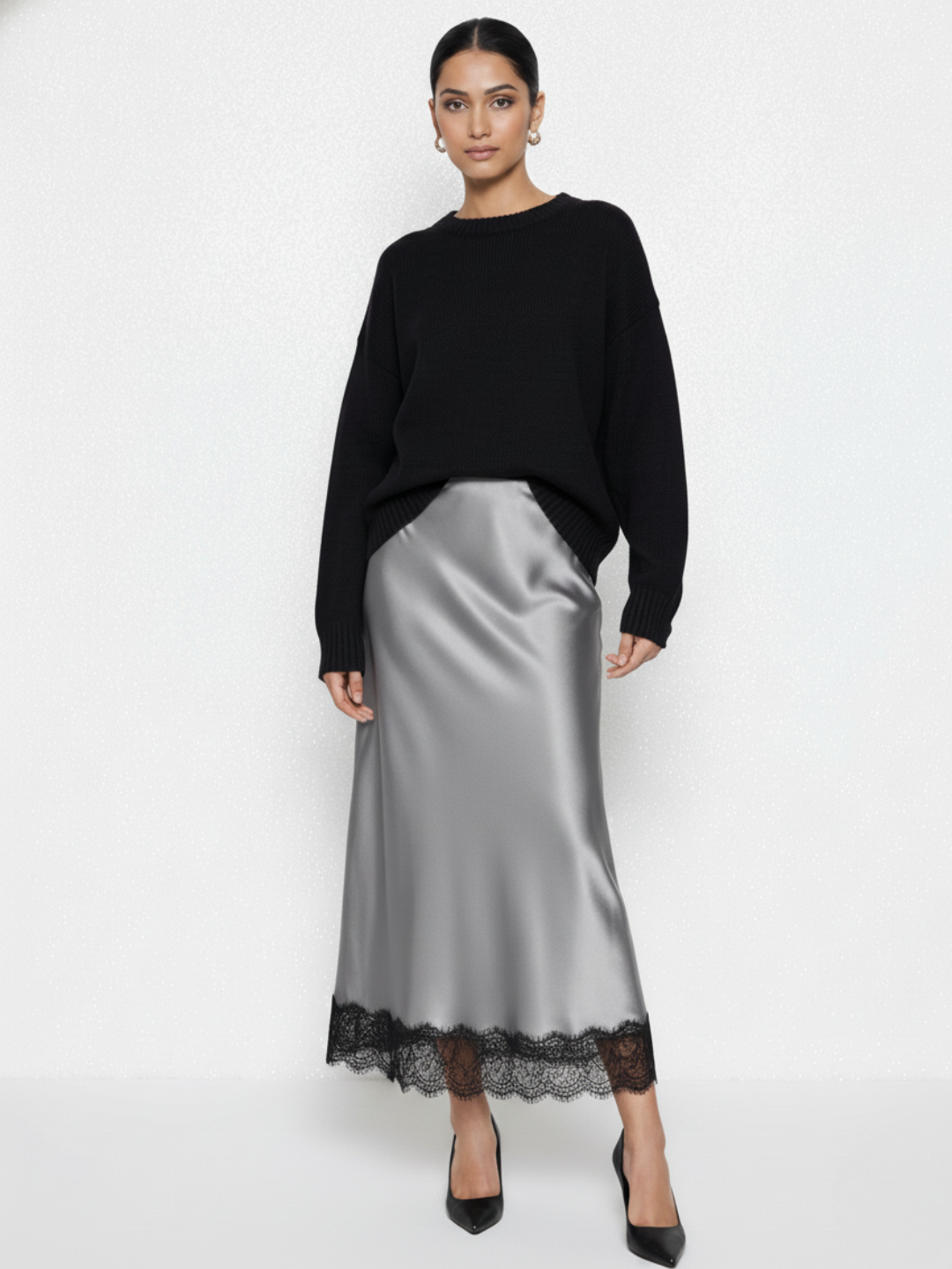 Lace Satin Midi Skirt