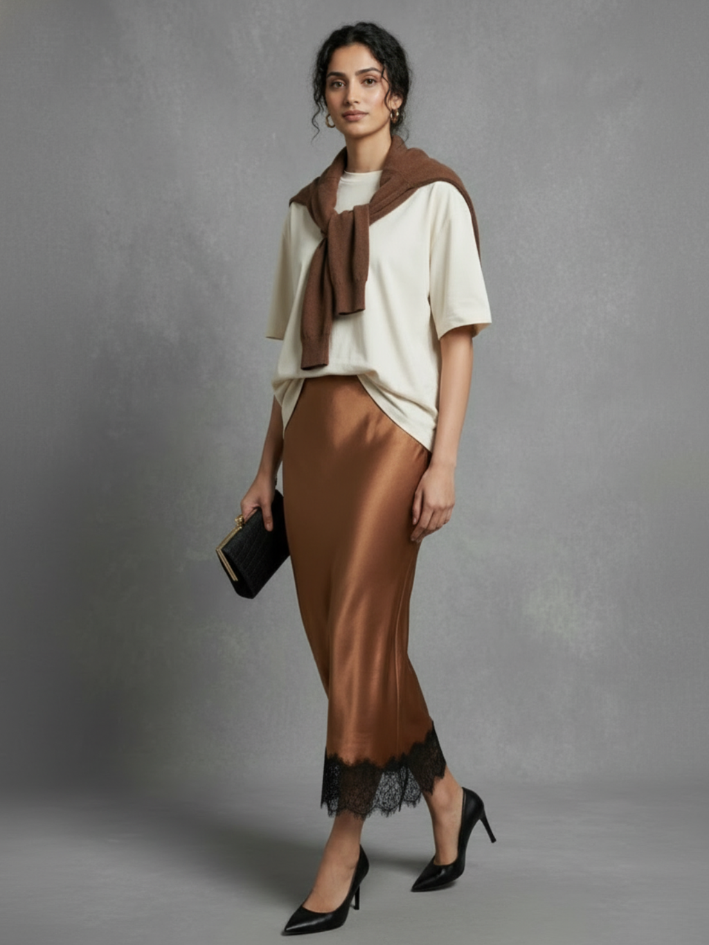 Lace Satin Midi Skirt