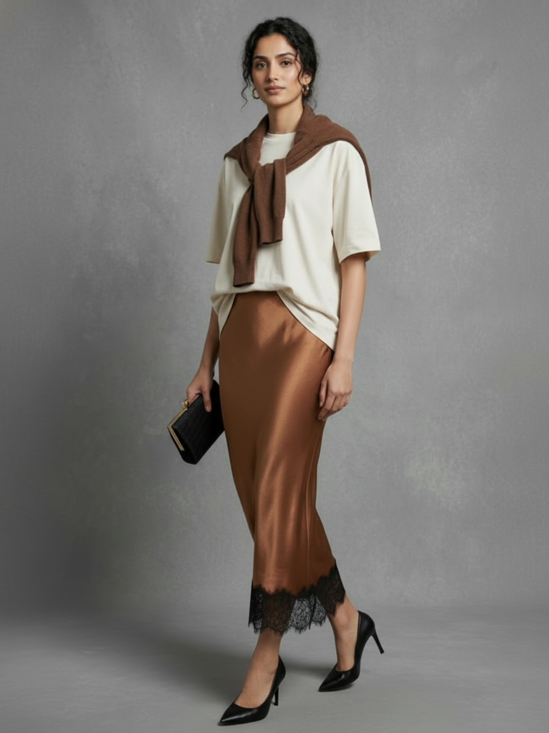 Lace Satin Midi Skirt - Pinkkup