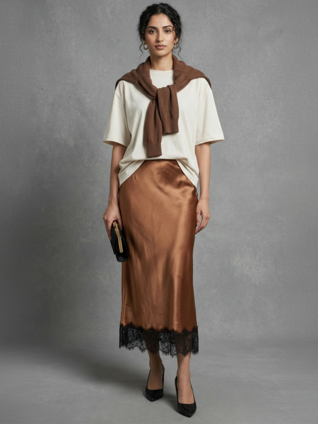 Lace Satin Midi Skirt