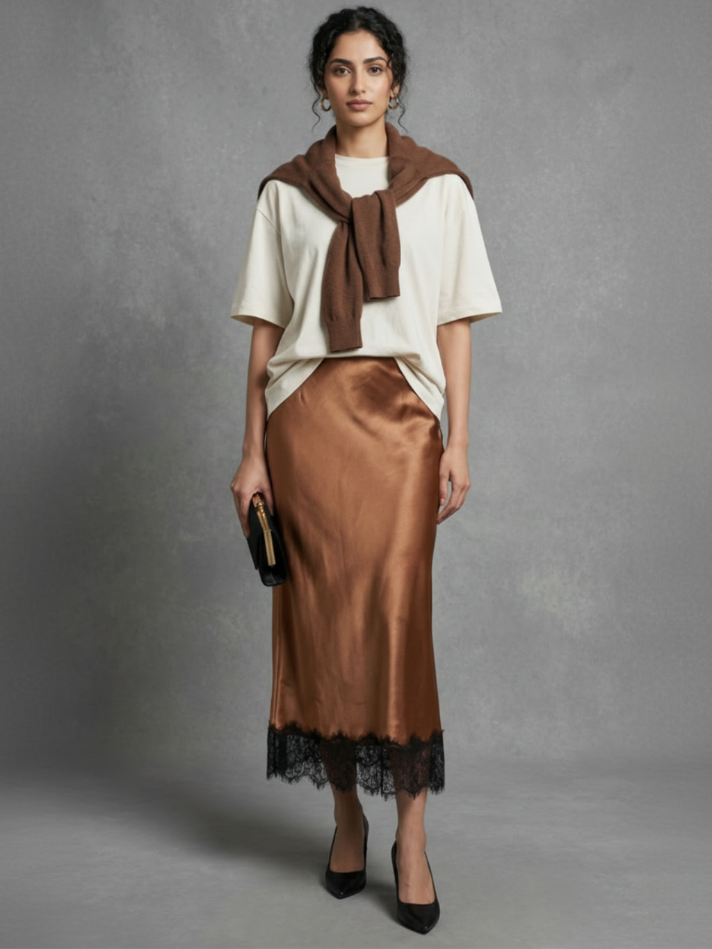 Lace Satin Midi Skirt